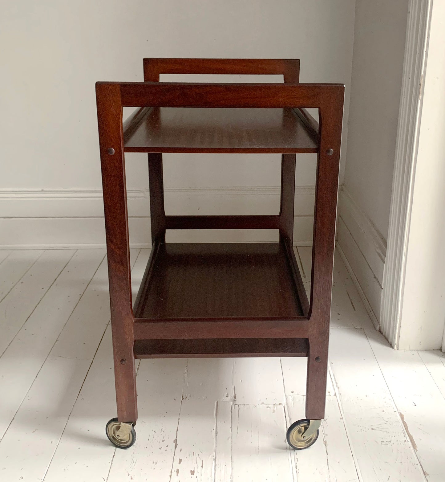 Vintage Mid Century Modern Dark Teak Drinks Trolley / Bar Cart With Brass Wheels