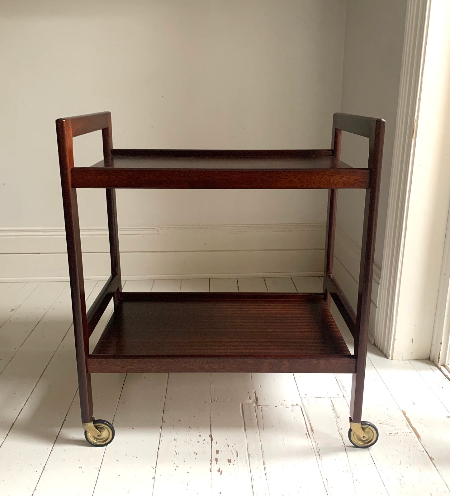 Vintage Mid Century Modern Dark Teak Drinks Trolley / Bar Cart With Brass Wheels