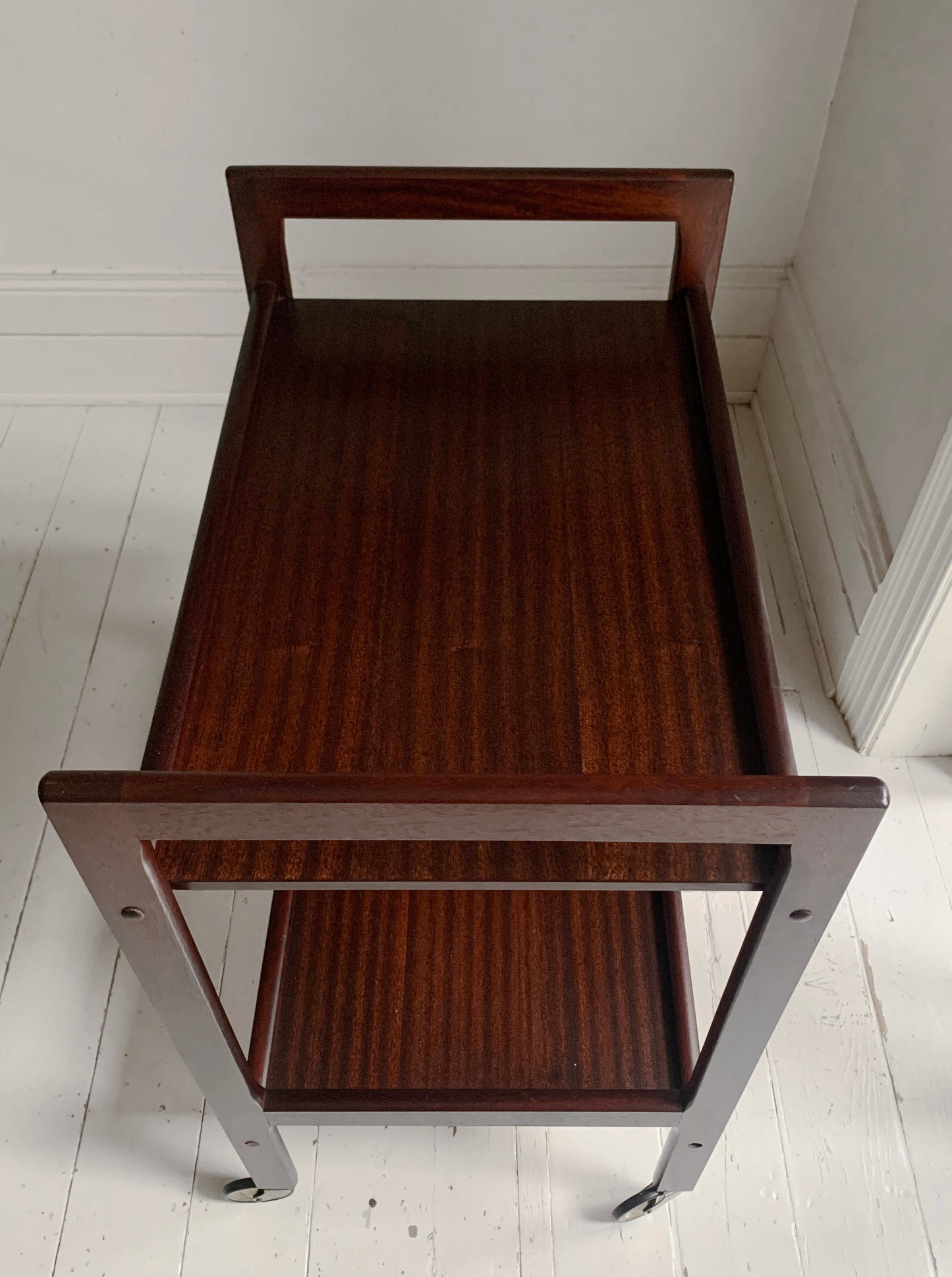 Vintage Mid Century Modern Dark Teak Drinks Trolley / Bar Cart With Brass Wheels