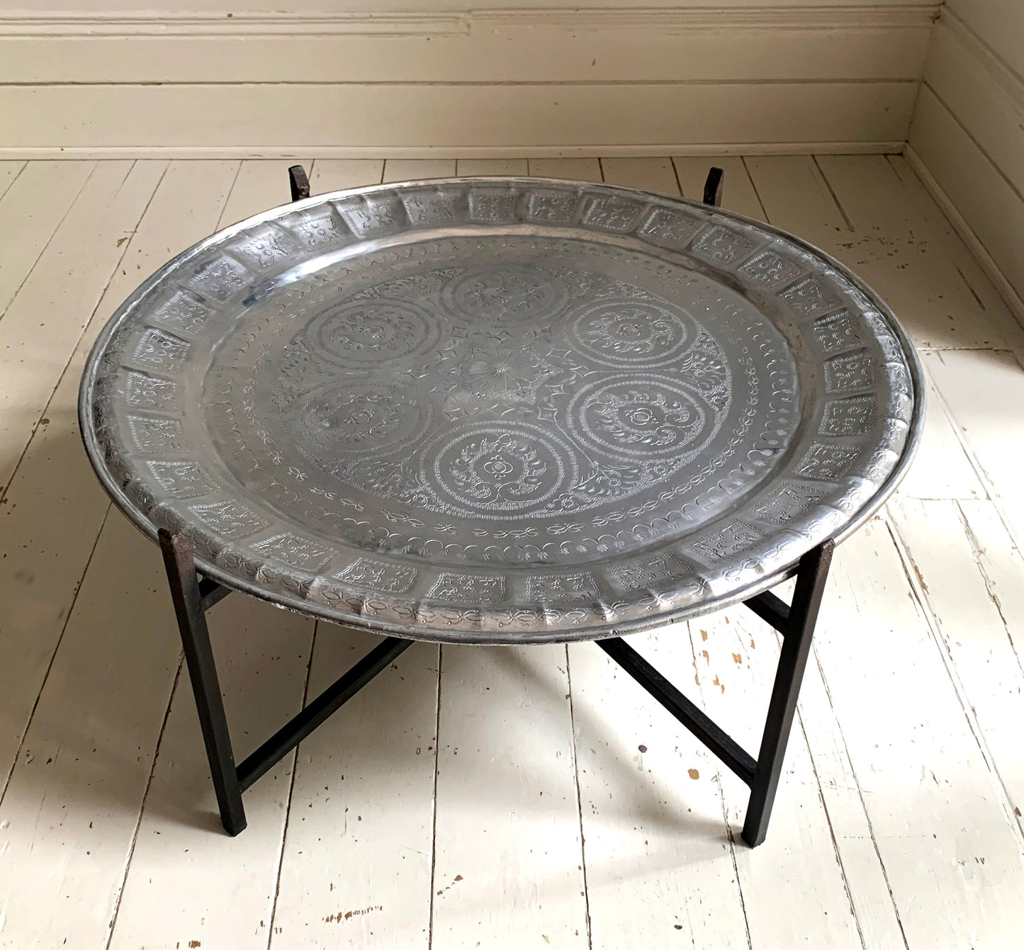 Vintage Middle Eastern/Moroccan Round Aluminium Engraved Folding Coffee Table