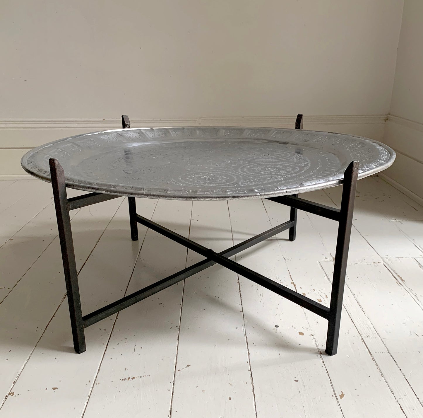 Vintage Middle Eastern/Moroccan Round Aluminium Engraved Folding Coffee Table