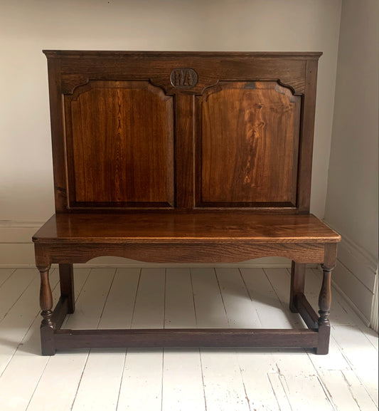 Antique Oak Panelled Back Settle Without Arms with RA Initial Carving