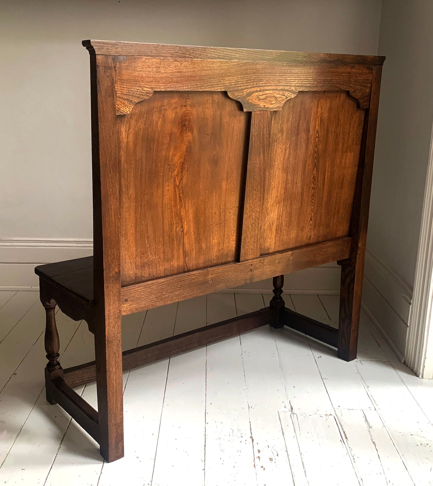 Antique Oak Panelled Back Settle Without Arms with RA Initial Carving