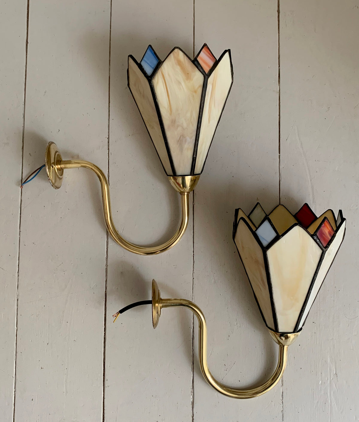 Pair of Vintage Tiffany Glass & Brass Wall Sconces, Red, Blue & Cream Glass 2of2