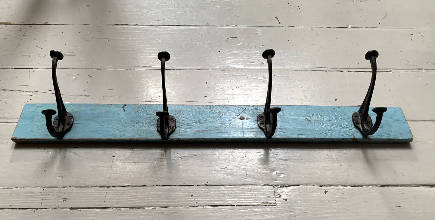 Vintage Wall Mounted Blue/Black Metal Coat Hooks x 4 on Wooden Painted Board