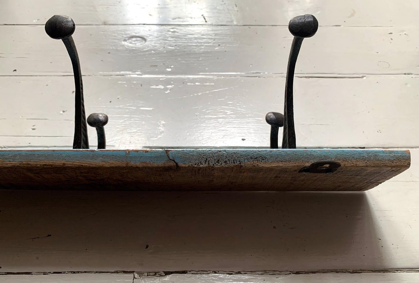 Vintage Wall Mounted Blue/Black Metal Coat Hooks x 4 on Wooden Painted Board