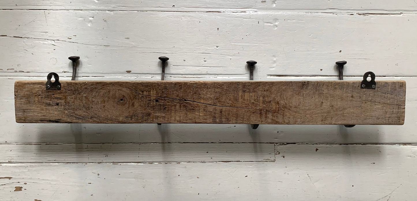 Vintage Wall Mounted Blue/Black Metal Coat Hooks x 4 on Wooden Painted Board