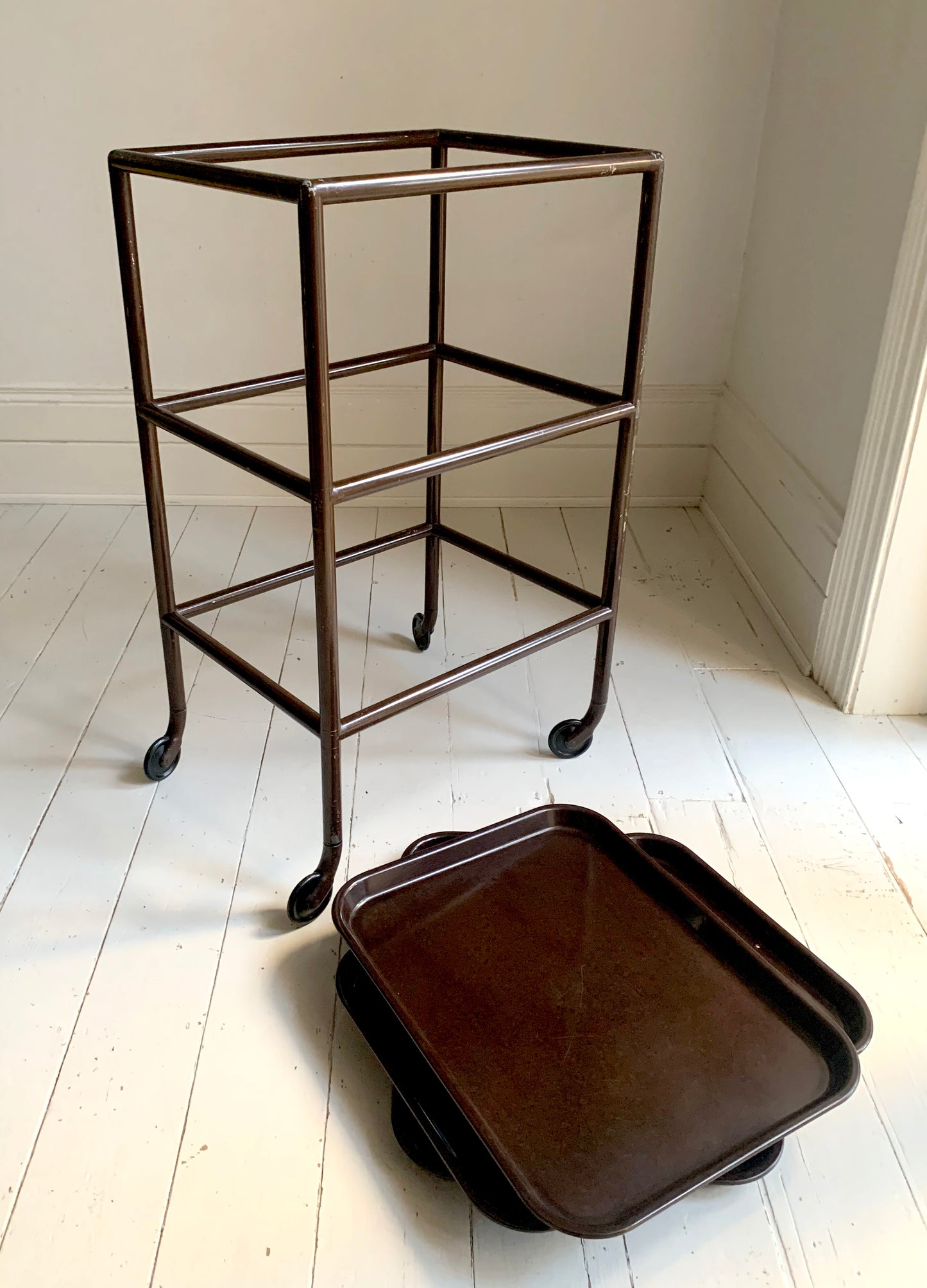 Vintage Three-Tier Trolley w/ Bakelite Removable Trays in Chocolate Brown