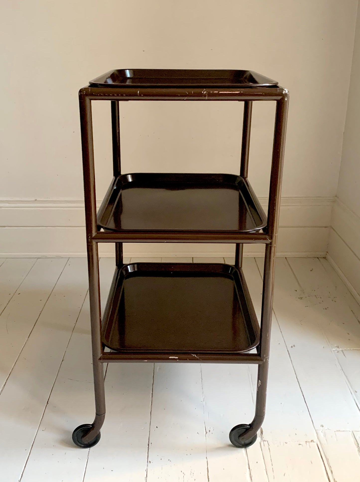 Vintage Three-Tier Trolley w/ Bakelite Removable Trays in Chocolate Brown