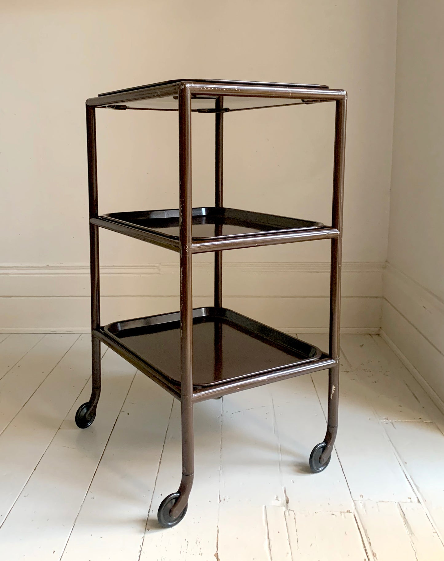 Vintage Three-Tier Trolley w/ Bakelite Removable Trays in Chocolate Brown