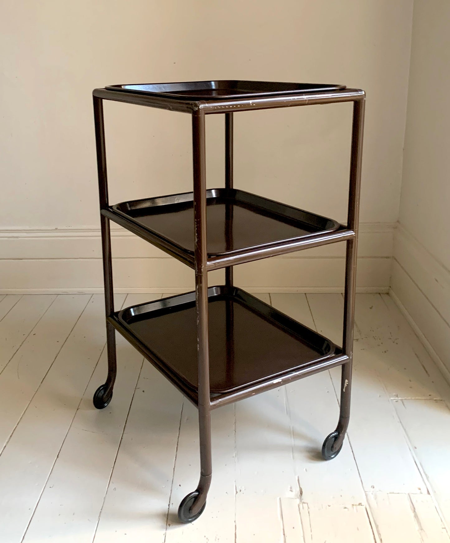 Vintage Three-Tier Trolley w/ Bakelite Removable Trays in Chocolate Brown