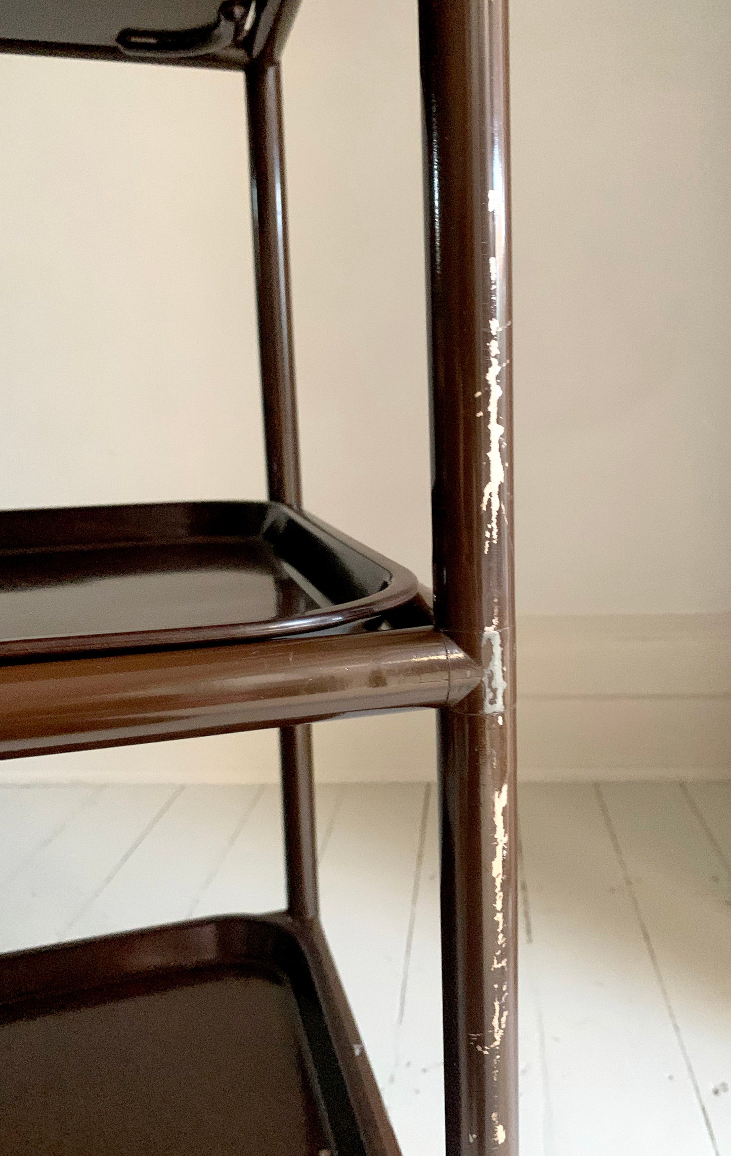Vintage Three-Tier Trolley w/ Bakelite Removable Trays in Chocolate Brown