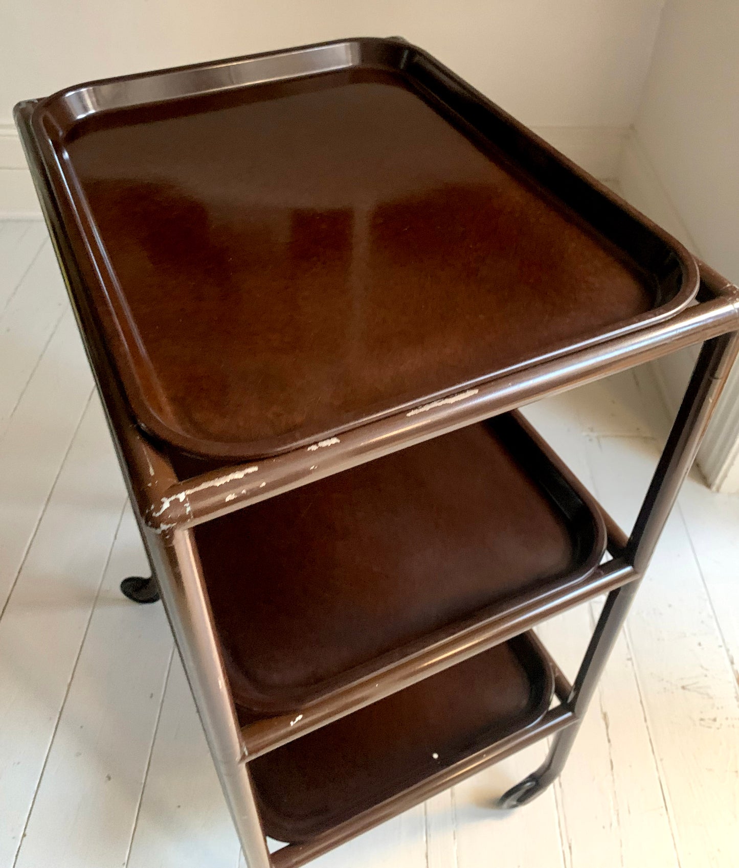 Vintage Three-Tier Trolley w/ Bakelite Removable Trays in Chocolate Brown