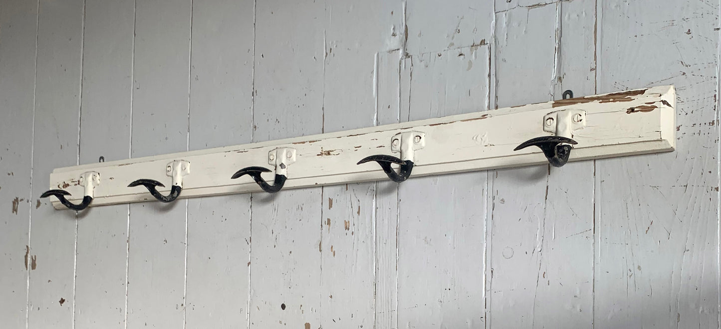 Vintage Wall Mounted Cream/Black Metal Coat Hooks x 5 on Wooden Painted Board