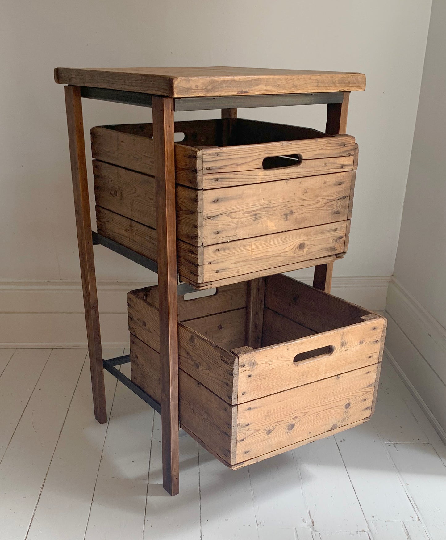 Vintage Handmade Industrial Two Drawer Wooden Storage Unit w/ Reclaimed Crates