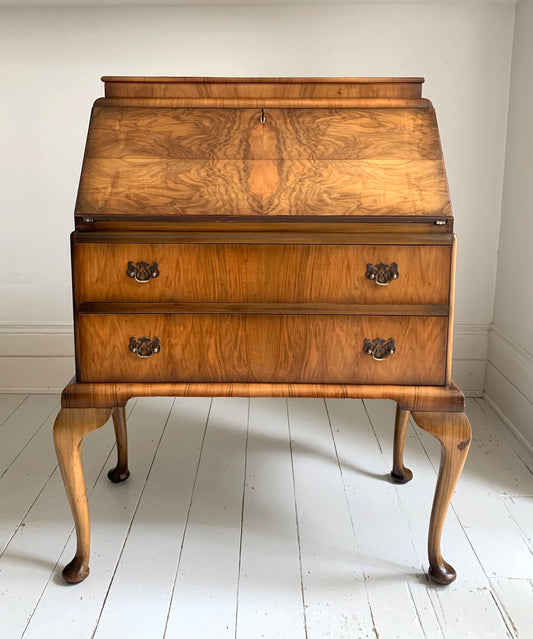 Vintage Walnut Burr Veneer Two Drawer Bureau With Queen Anne Legs & Secret Lid