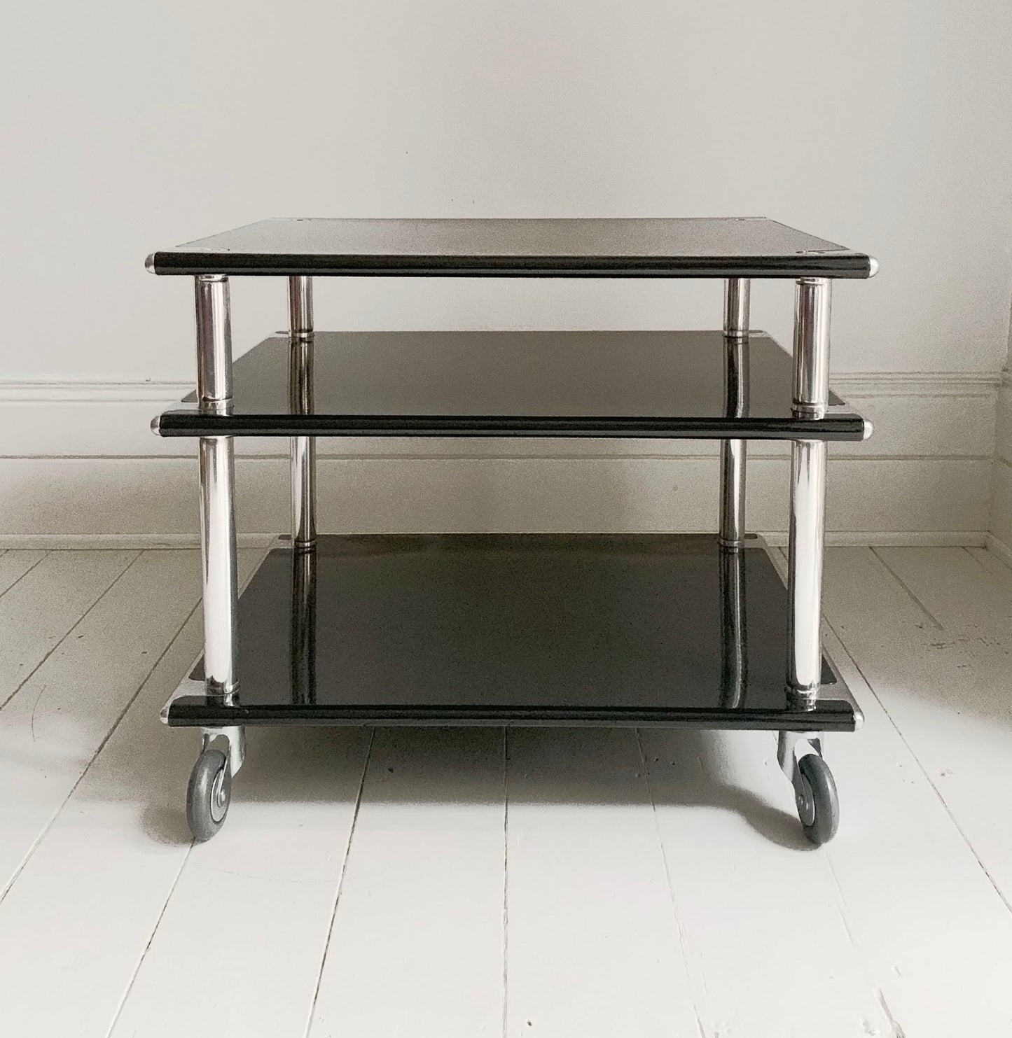 1980's Habitat 3 Tier Black Steel & Aluminium Table / Media - Coffee Table / Turntable Stand
