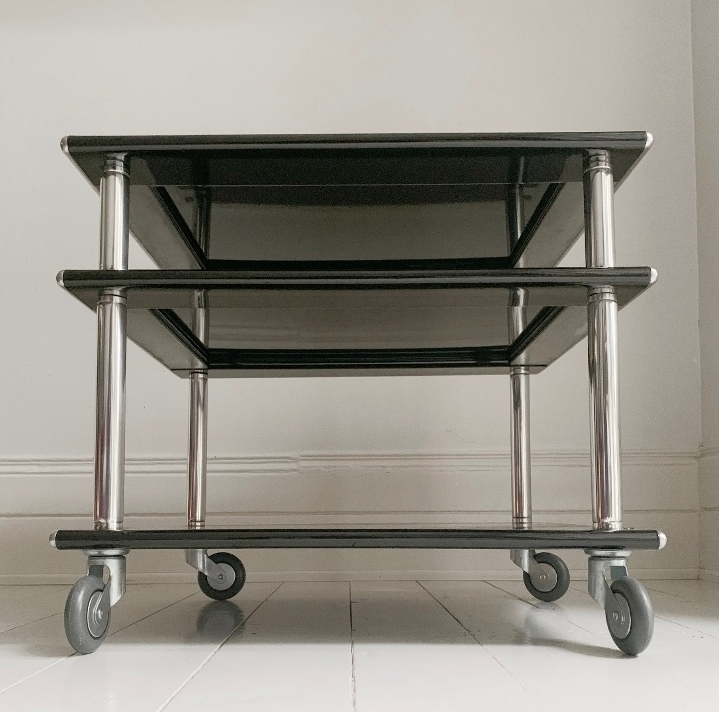 1980's Habitat 3 Tier Black Steel & Aluminium Table / Media - Coffee Table / Turntable Stand