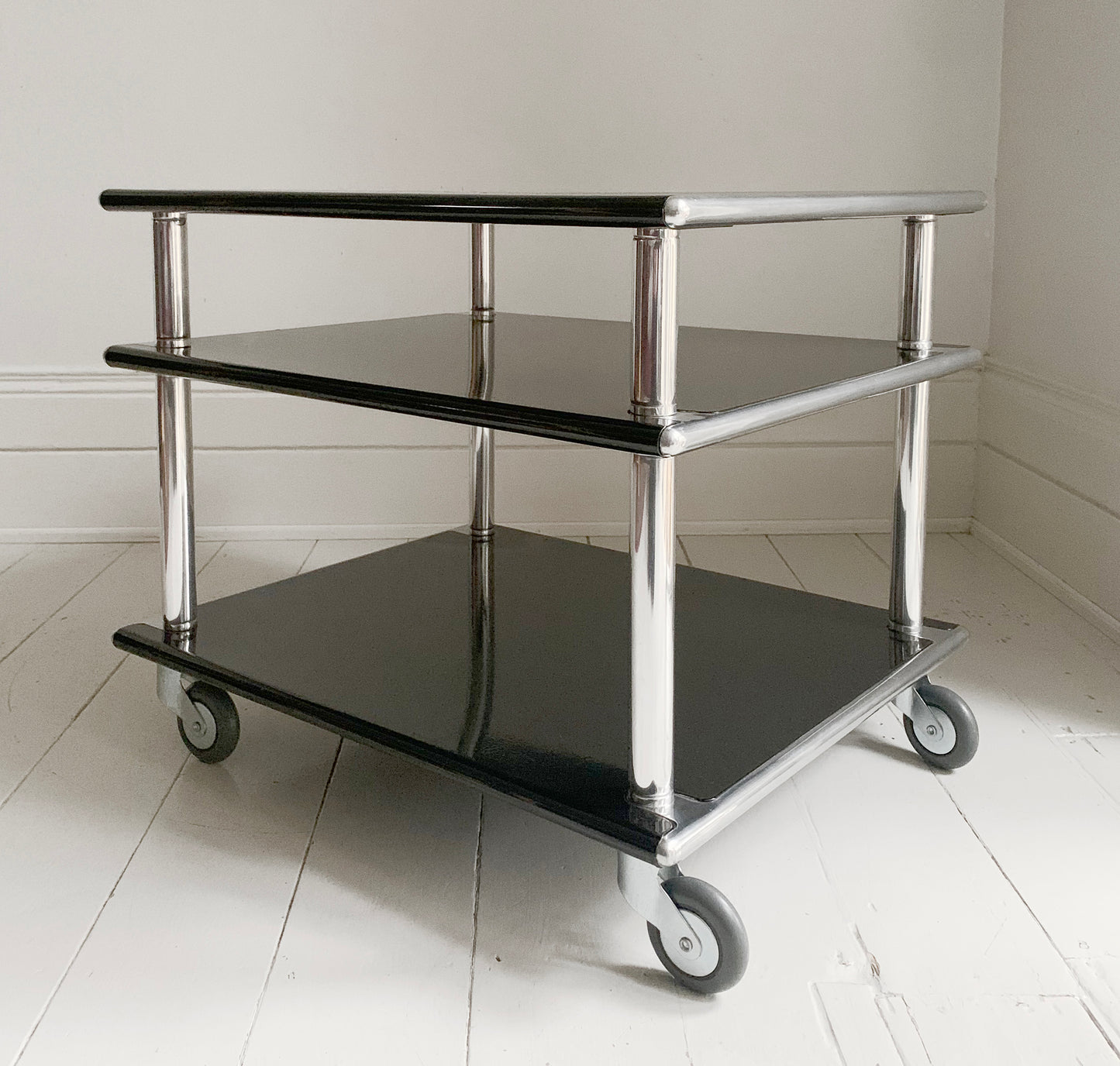 1980's Habitat 3 Tier Black Steel & Aluminium Table / Media - Coffee Table / Turntable Stand