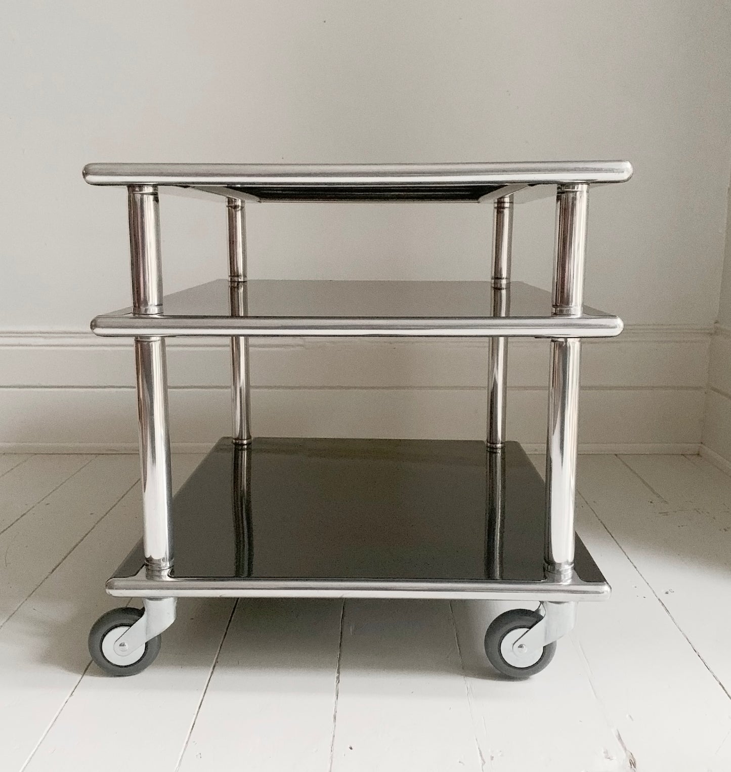 1980's Habitat 3 Tier Black Steel & Aluminium Table / Media - Coffee Table / Turntable Stand