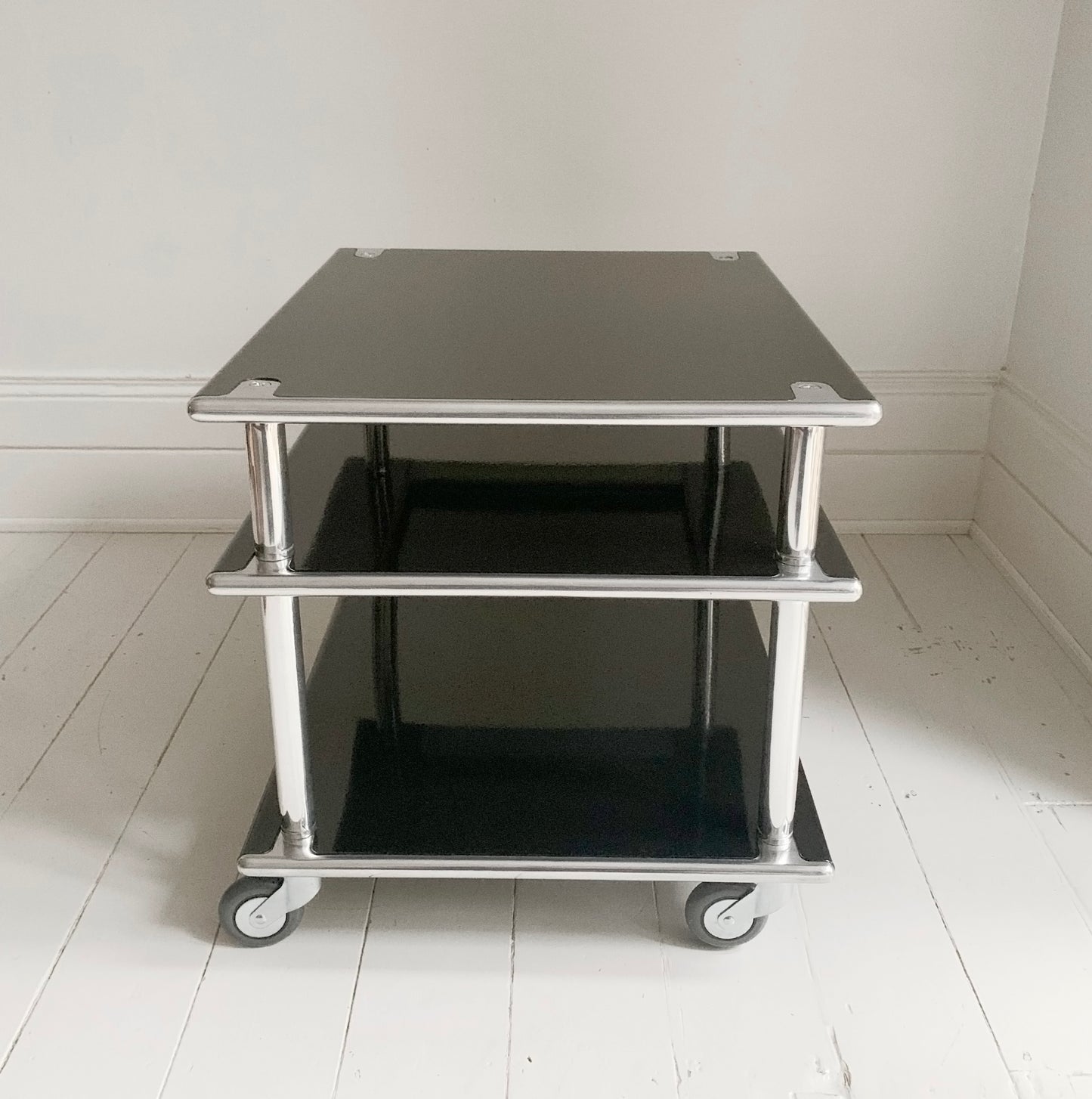 1980's Habitat 3 Tier Black Steel & Aluminium Table / Media - Coffee Table / Turntable Stand