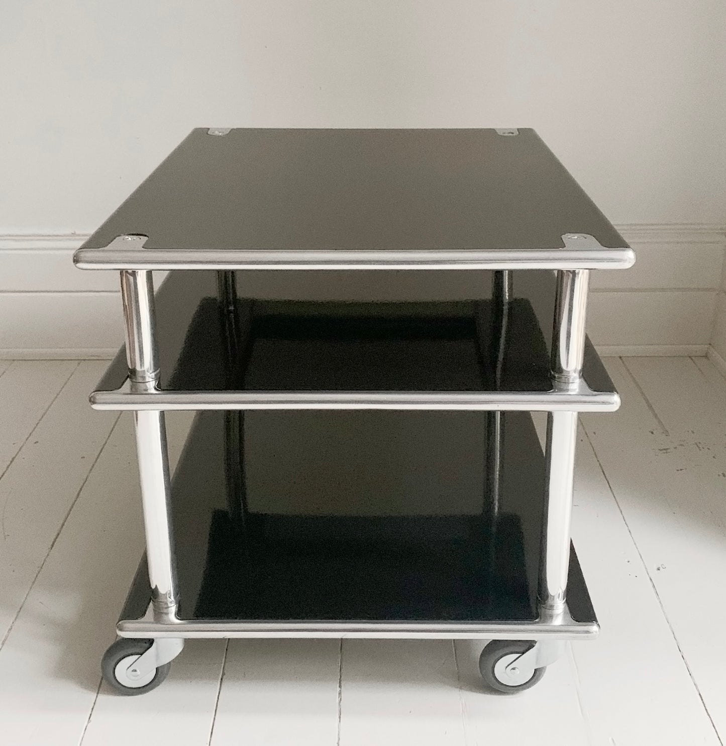 1980's Habitat 3 Tier Black Steel & Aluminium Table / Media - Coffee Table / Turntable Stand