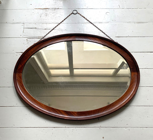 Large Vintage Oval Mirror with Oak Frame, Bevelled Glass with Gentle Foxing