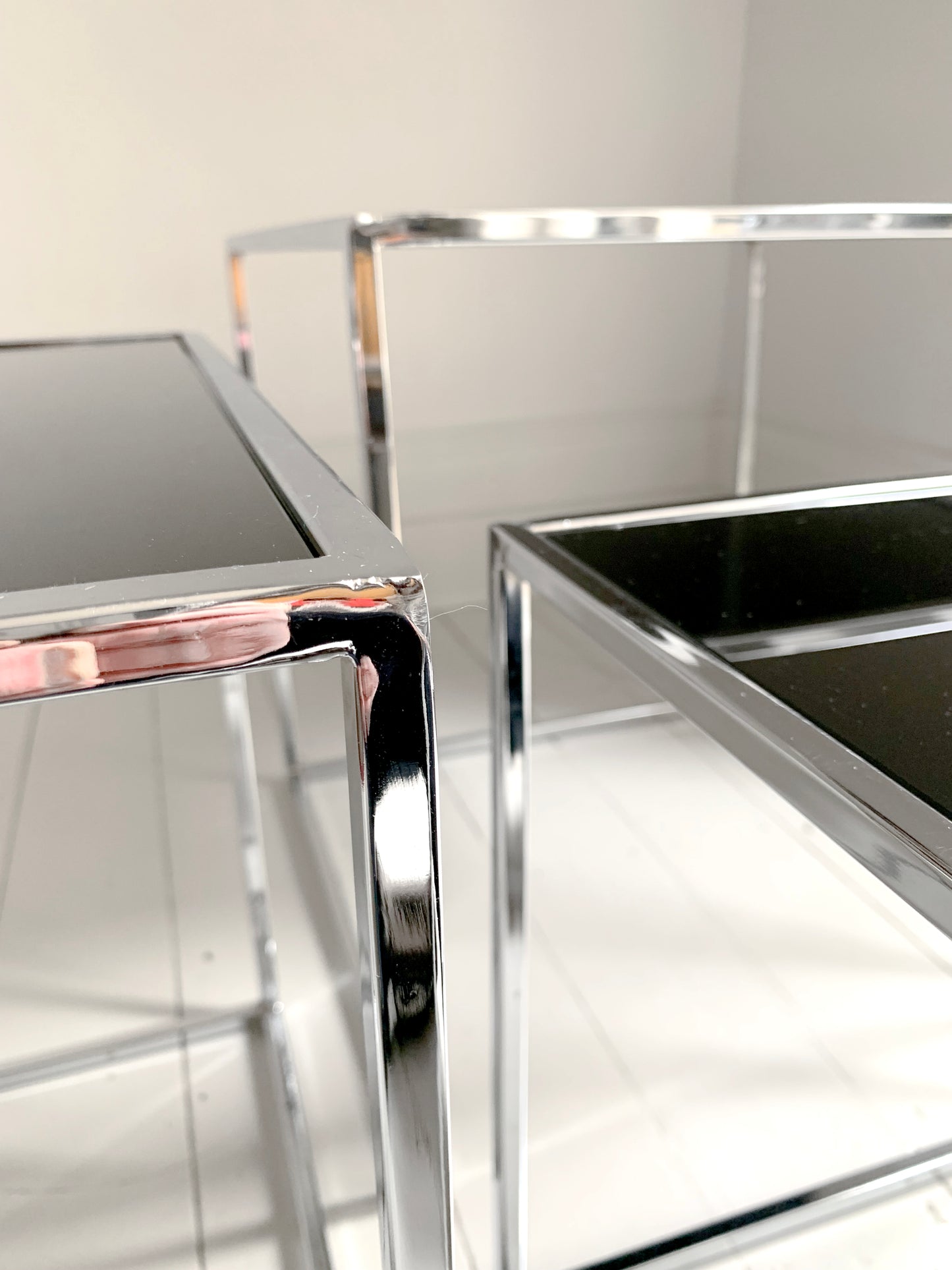 Set of 3 Nesting Tables / Chrome Frame - Smoked Glass / Mid - Century Modern