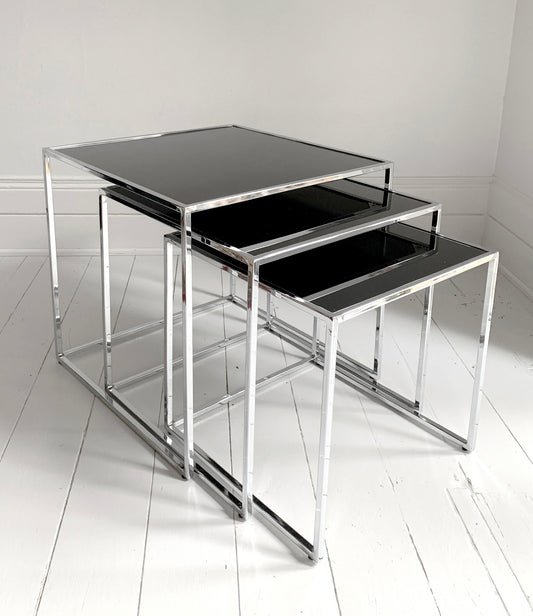 Set of 3 Nesting Tables / Chrome Frame - Smoked Glass / Mid - Century Modern