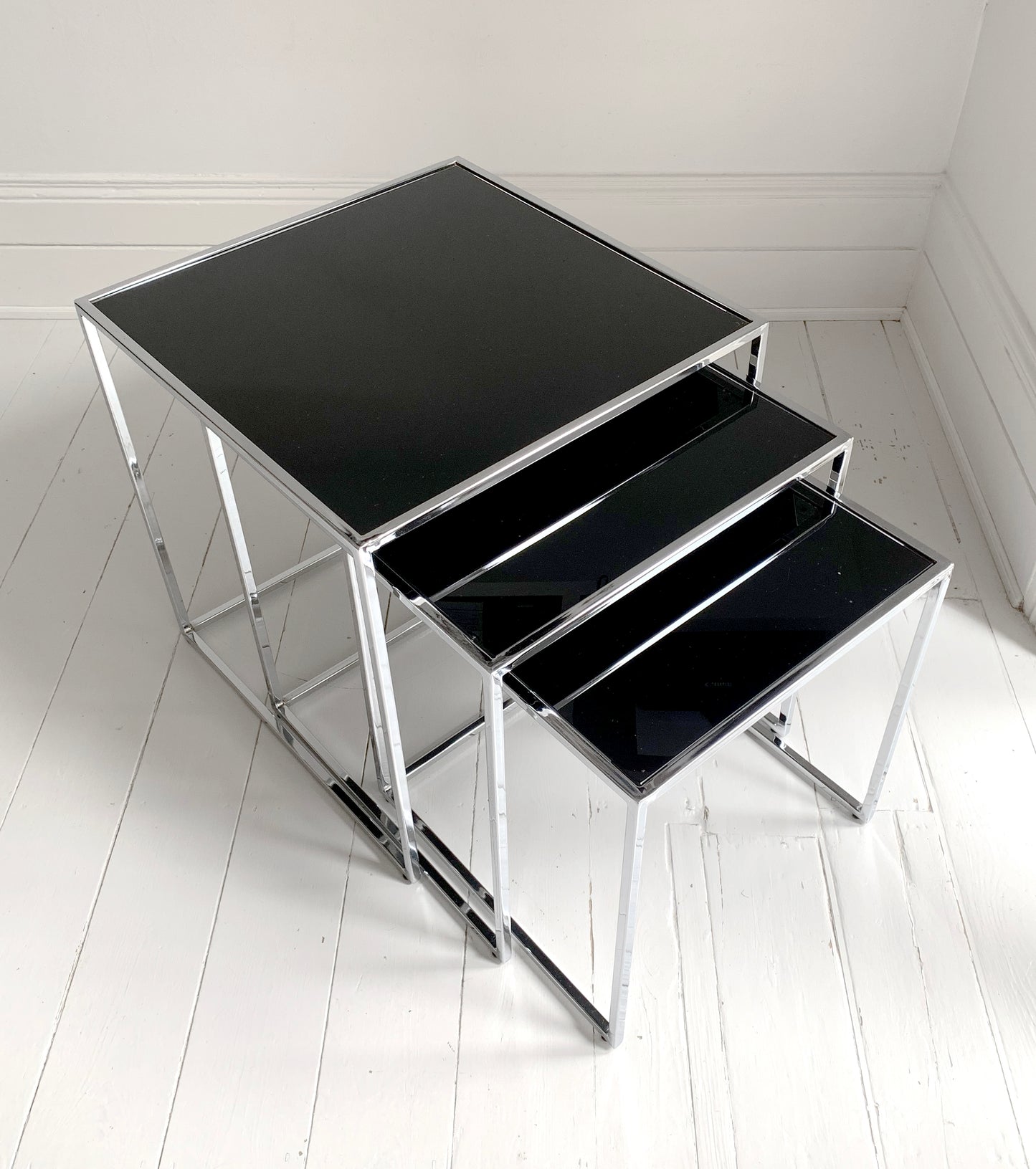 Set of 3 Nesting Tables / Chrome Frame - Smoked Glass / Mid - Century Modern