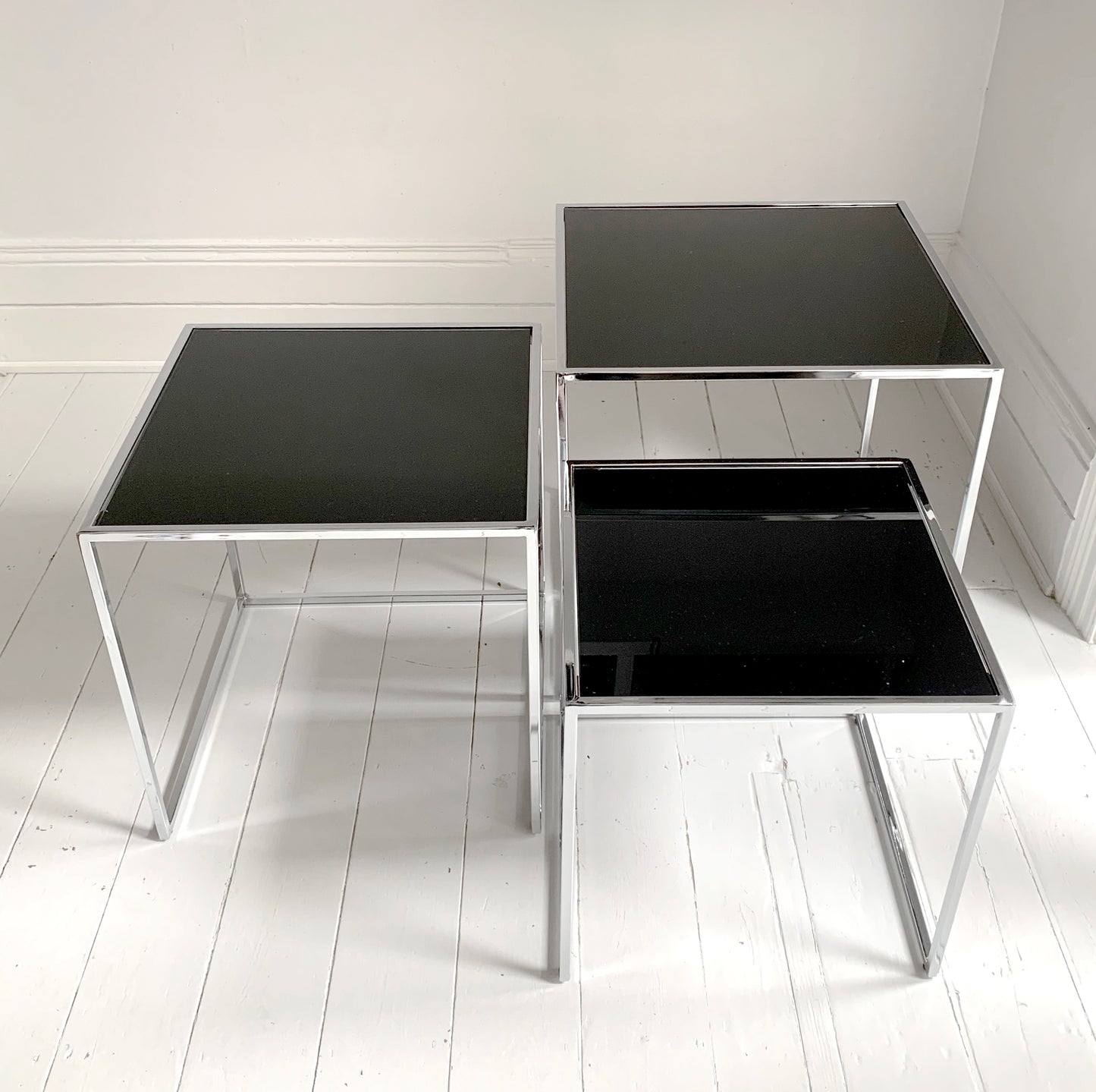 Set of 3 Nesting Tables / Chrome Frame - Smoked Glass / Mid - Century Modern