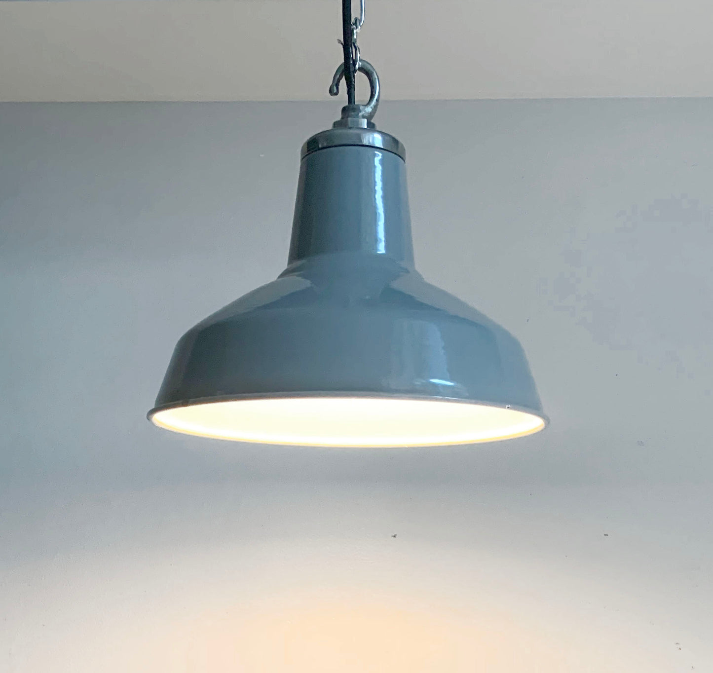 Vintage Industrial Light-Mid-Tone Grey Enamel Pendant Lightshade with Hanging Hook