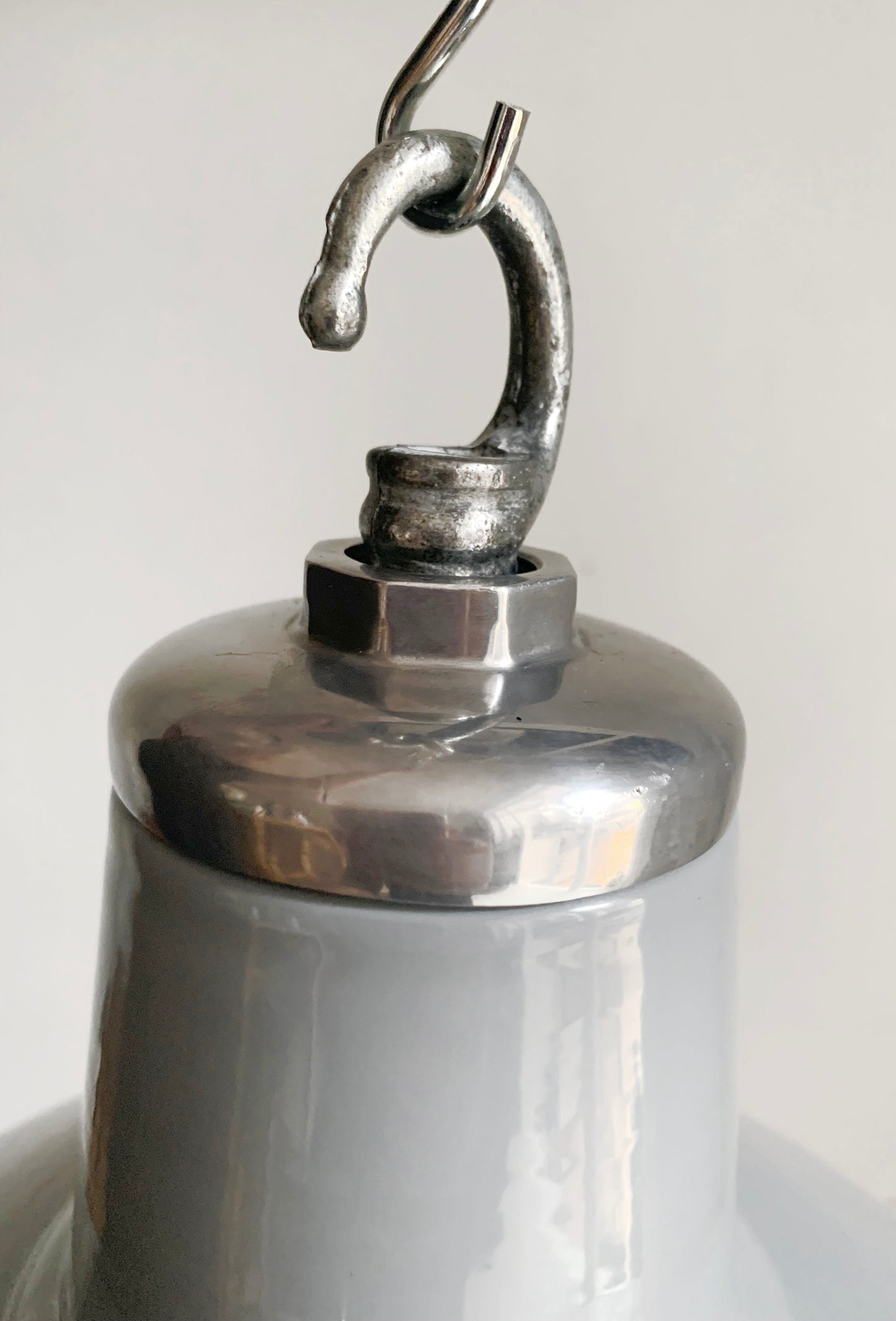 Vintage Industrial Light-Mid-Tone Grey Enamel Pendant Lightshade with Hanging Hook