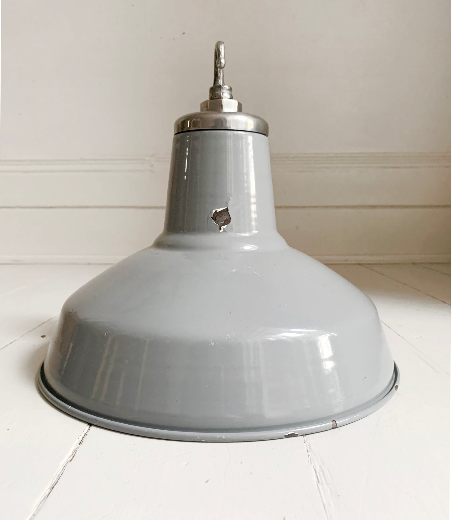 Vintage Industrial Light-Mid-Tone Grey Enamel Pendant Lightshade with Hanging Hook