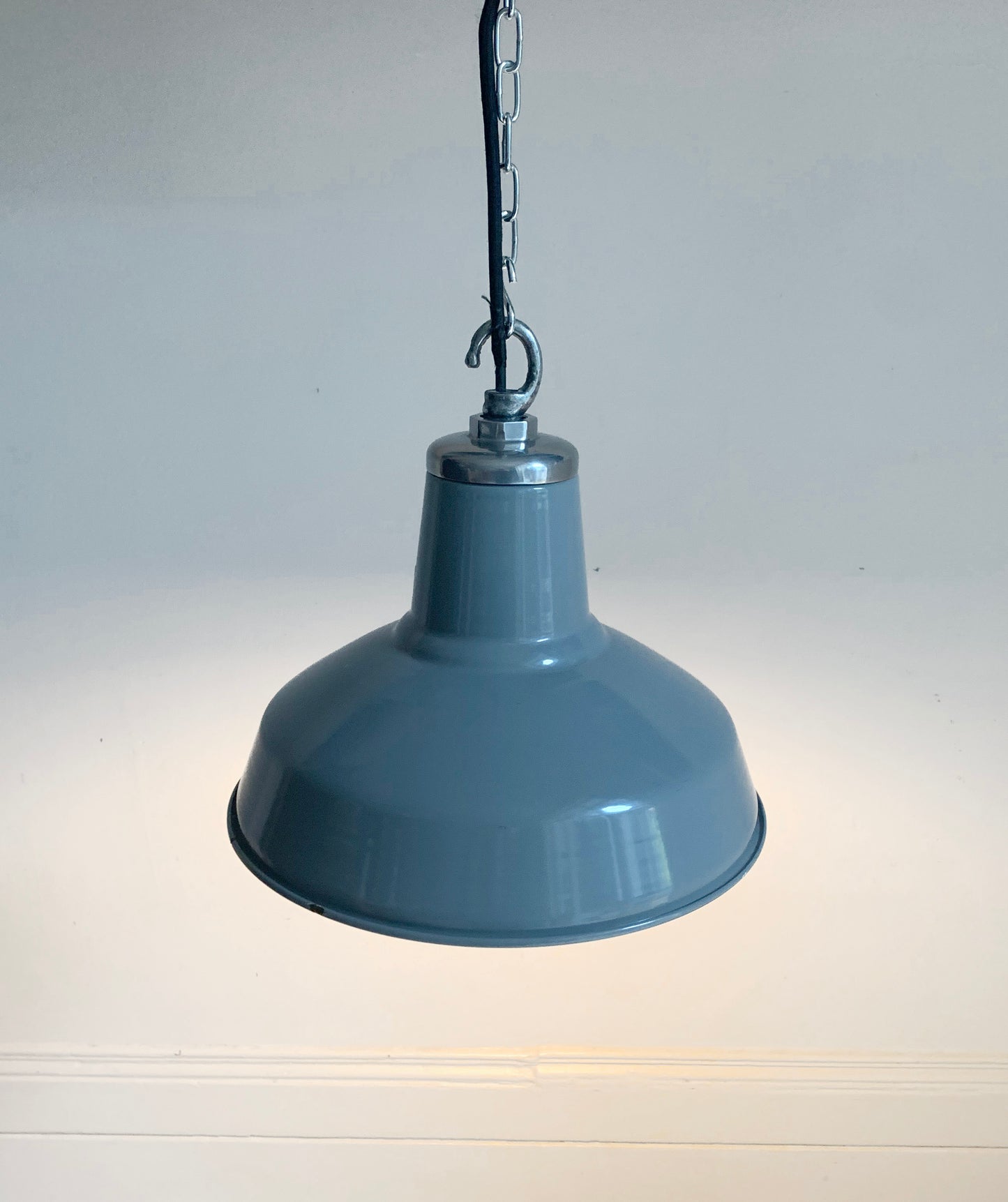 Vintage Industrial Light-Mid-Tone Grey Enamel Pendant Lightshade with Hanging Hook