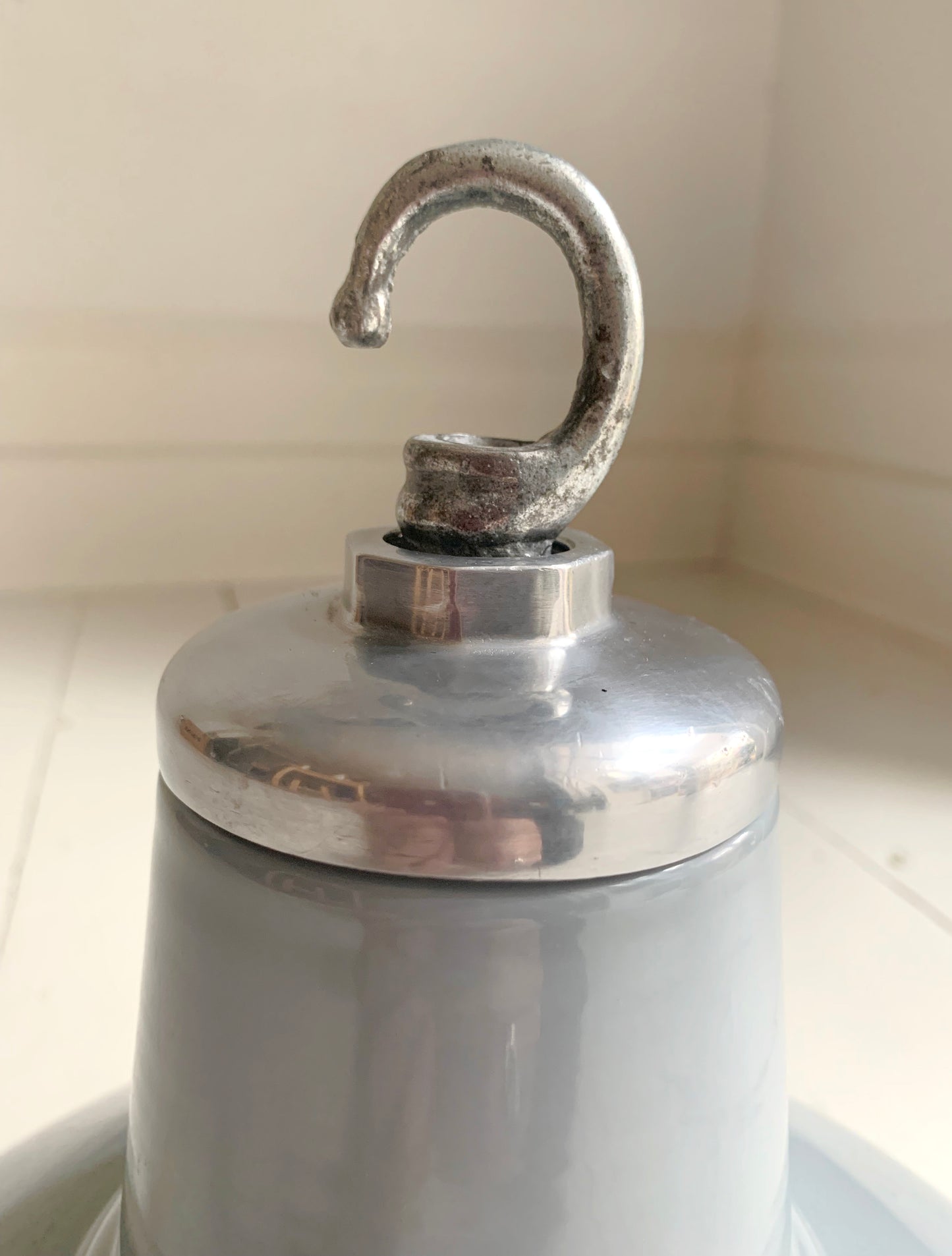 Vintage Industrial Light-Mid-Tone Grey Enamel Pendant Lightshade with Hanging Hook