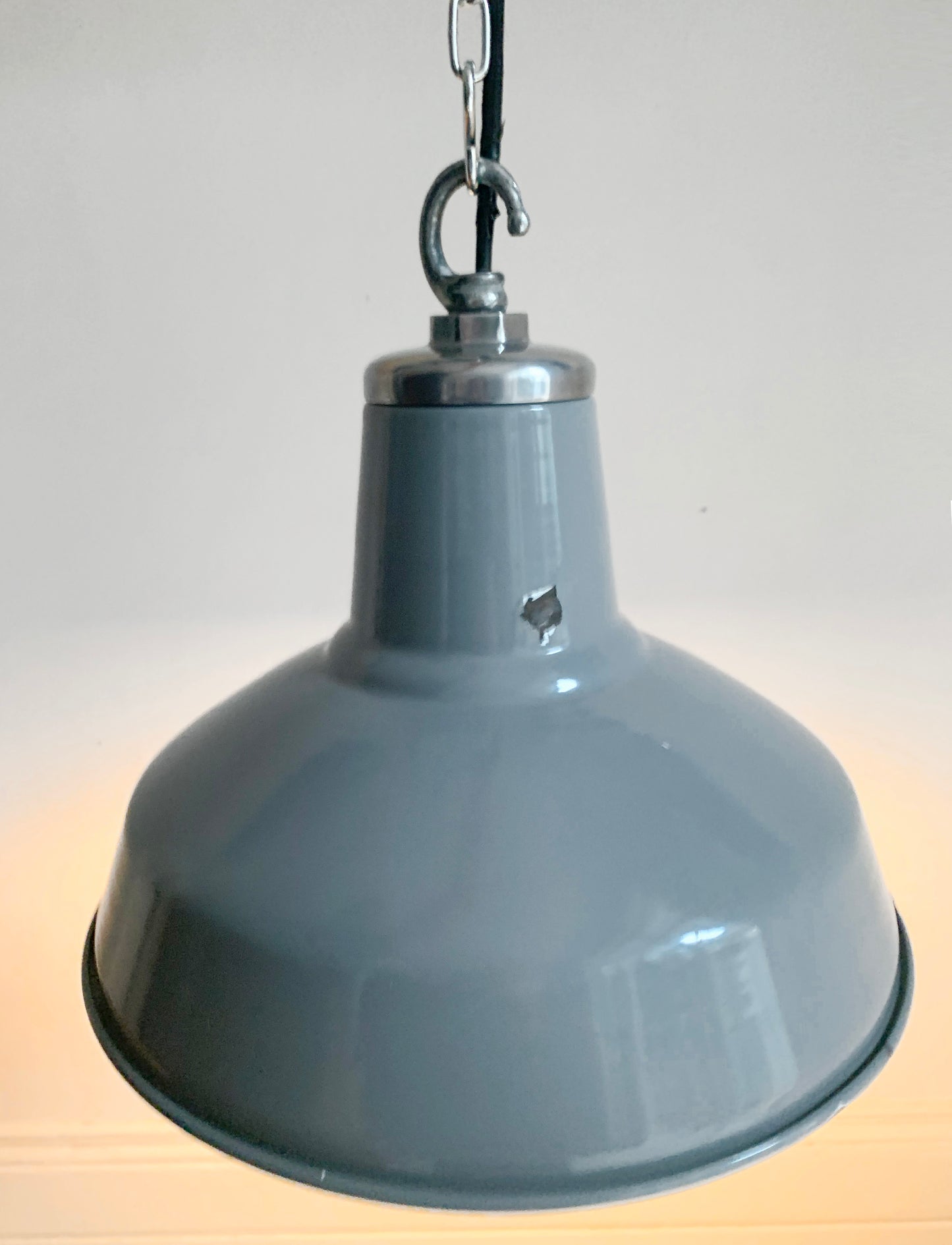 Vintage Industrial Light-Mid-Tone Grey Enamel Pendant Lightshade with Hanging Hook