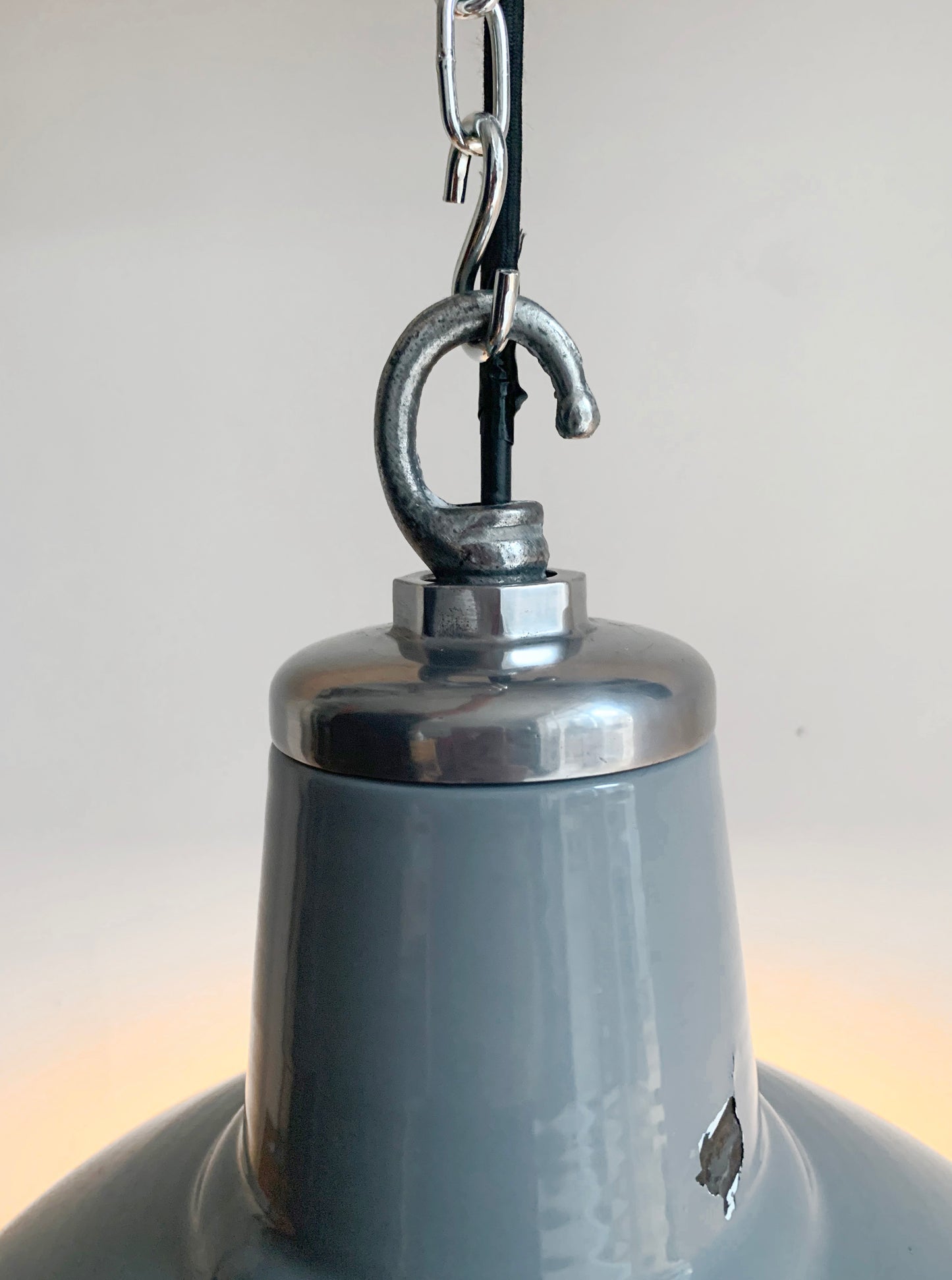 Vintage Industrial Light-Mid-Tone Grey Enamel Pendant Lightshade with Hanging Hook