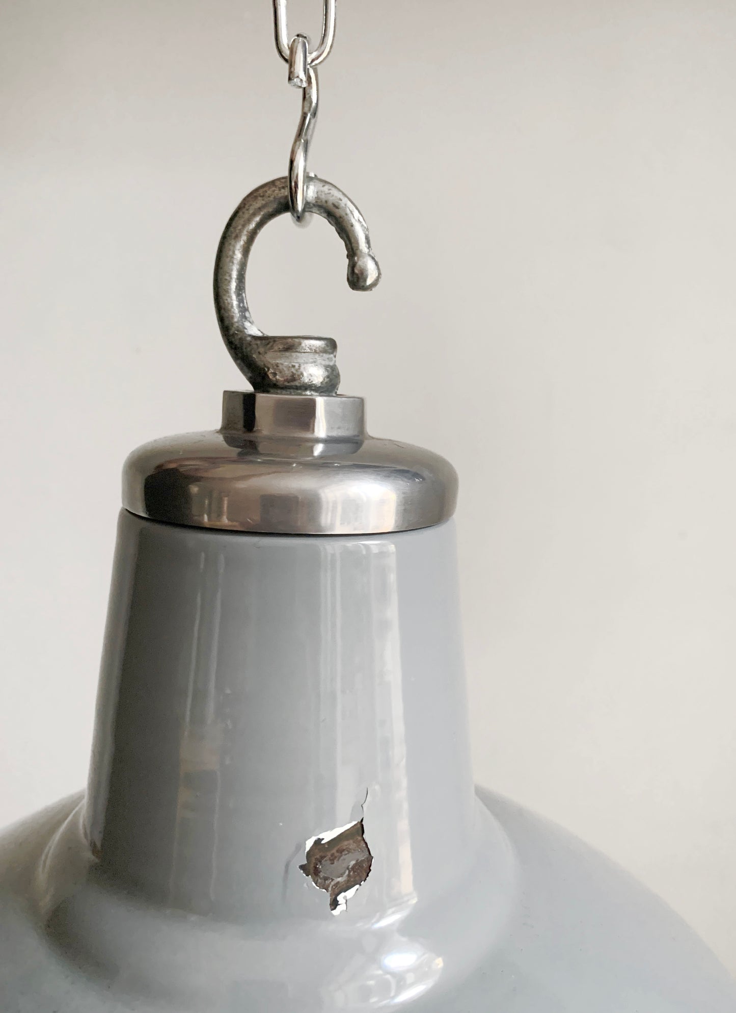 Vintage Industrial Light-Mid-Tone Grey Enamel Pendant Lightshade with Hanging Hook
