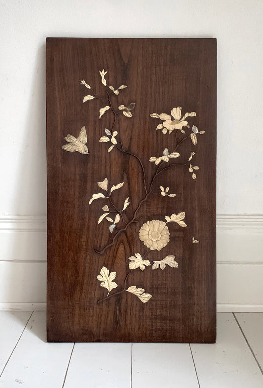Antique Japanese Shibayama Woodenware Relief, Made With Bone & Mother of Pearl