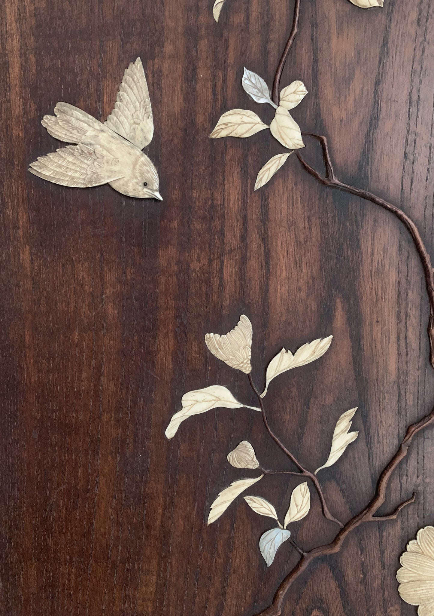 Antique Japanese Shibayama Woodenware Relief, Made With Bone & Mother of Pearl
