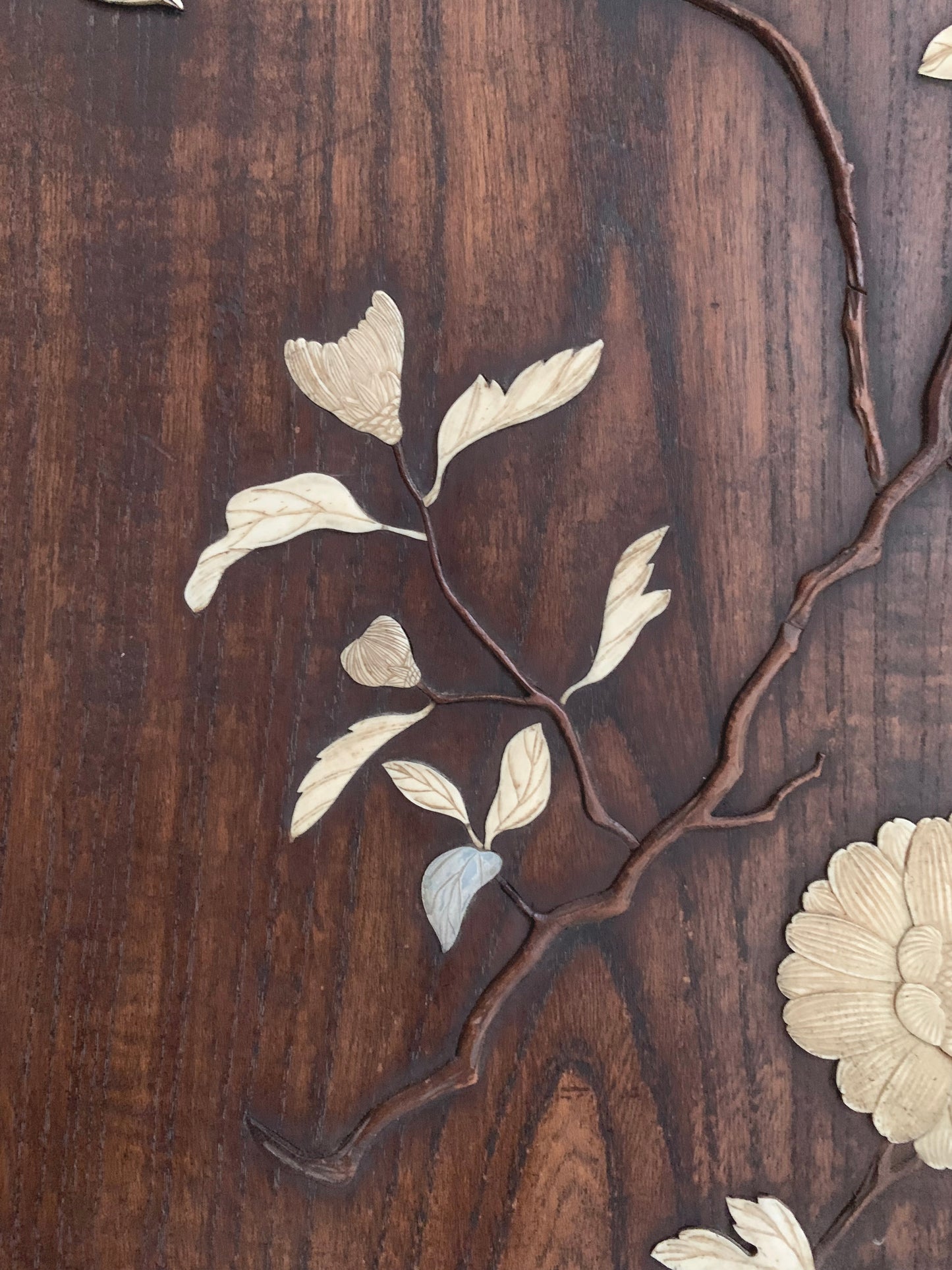 Antique Japanese Shibayama Woodenware Relief, Made With Bone & Mother of Pearl