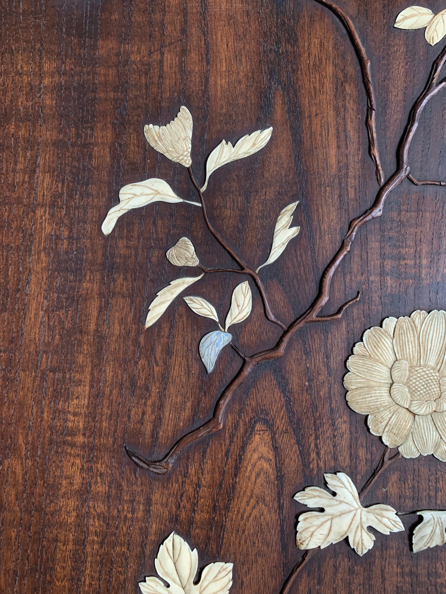 Antique Japanese Shibayama Woodenware Relief, Made With Bone & Mother of Pearl