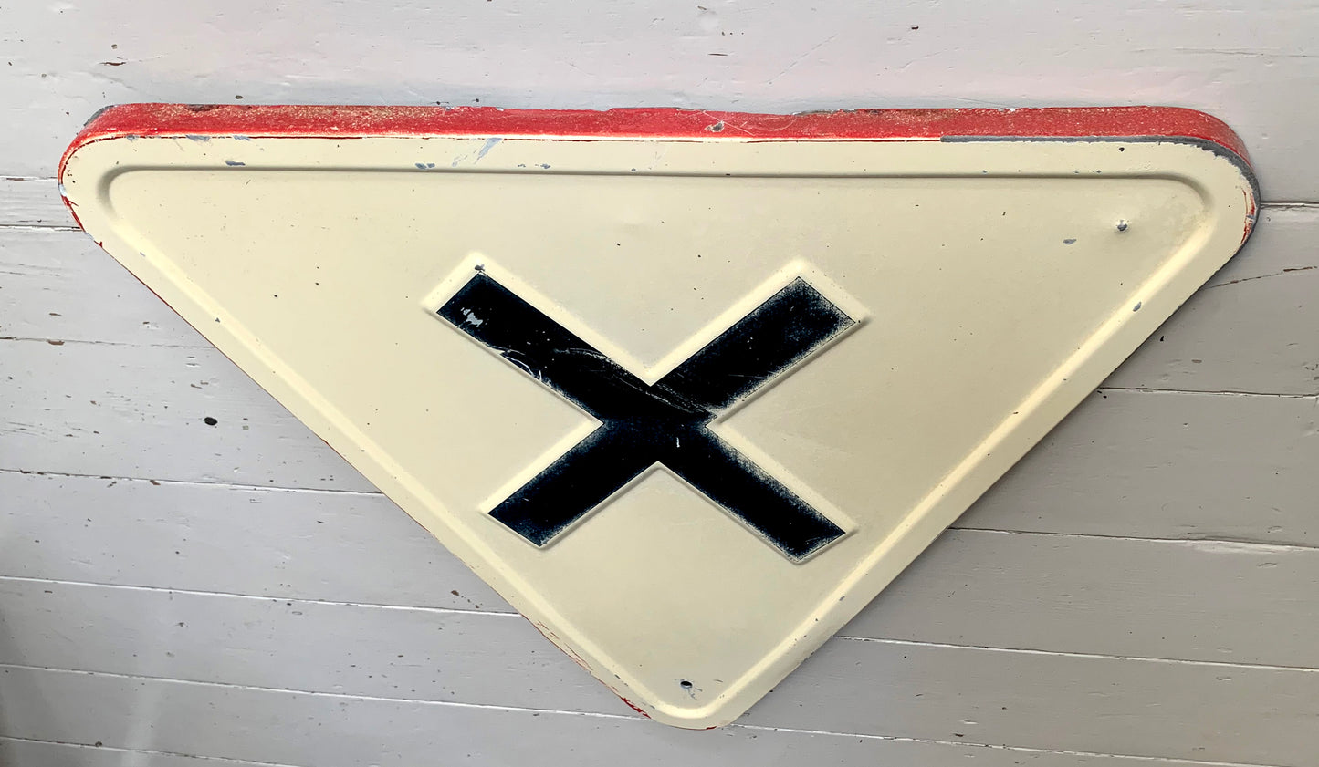 Vintage French Painted Black, White & Red Road Crossing Metal Sign
