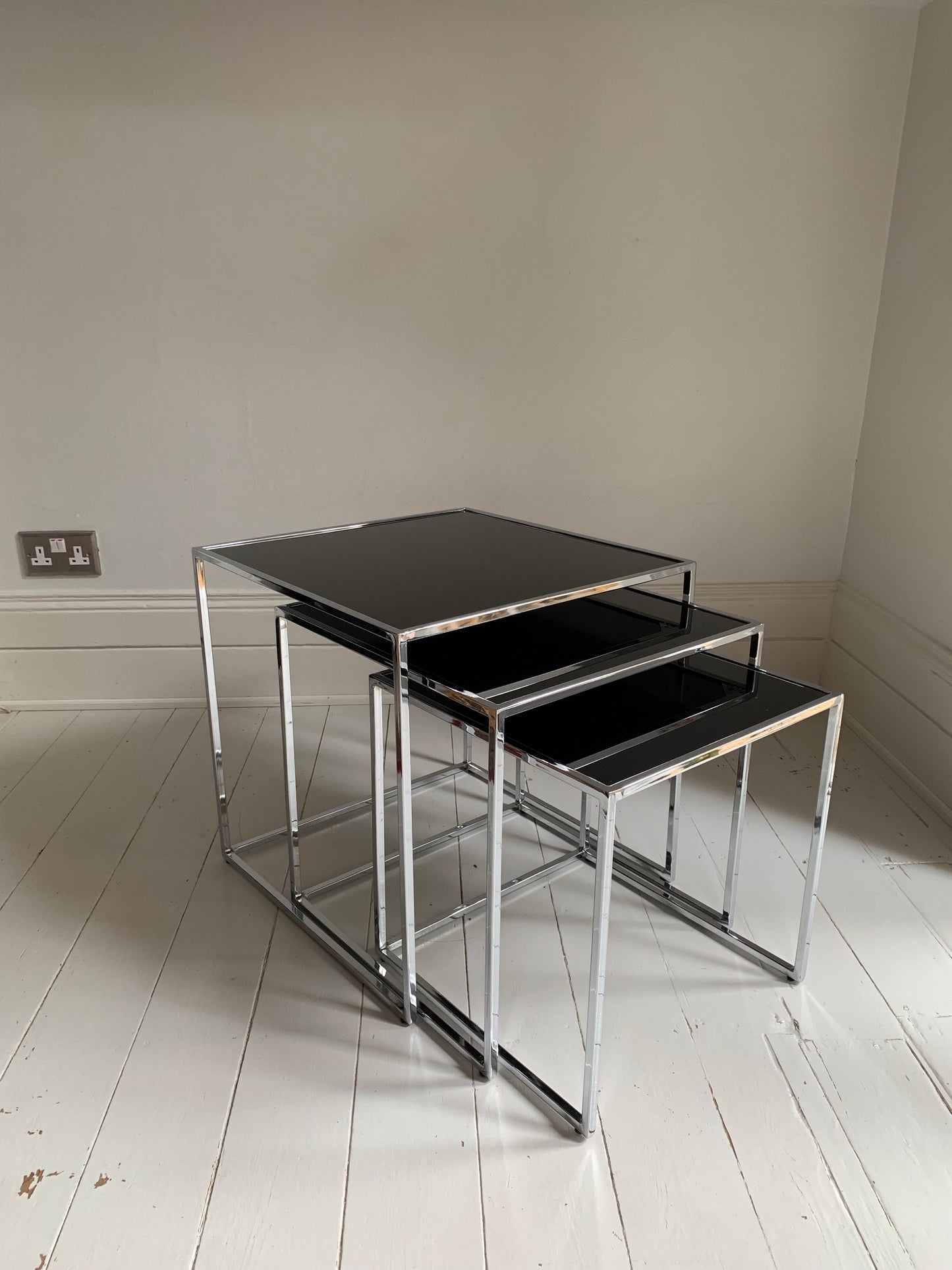 Set of 3 Nesting Tables / Chrome Frame - Smoked Glass / Mid - Century Modern