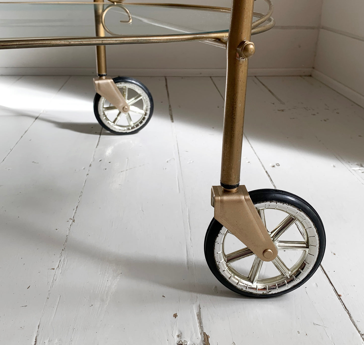 Mid Century Modern, Two Tier Brass Effect & Glass Cocktail Drinks Trolley Bar Cart