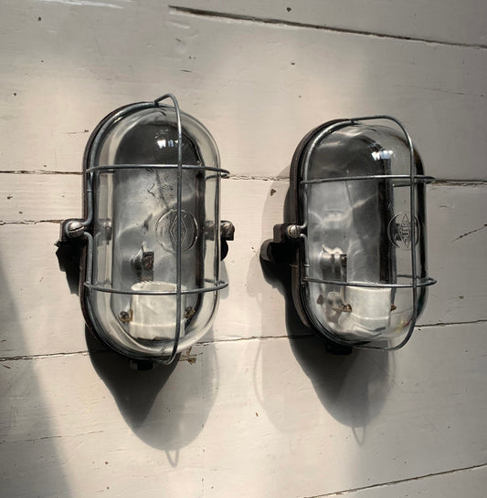 Pair of Vintage Industrial Caged Bulk Head / Wall Lights Bakelite w/ Glass Dome