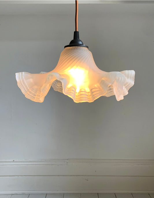 Vintage French Hand Painted Round Glass Frilly Ceiling Light Shade