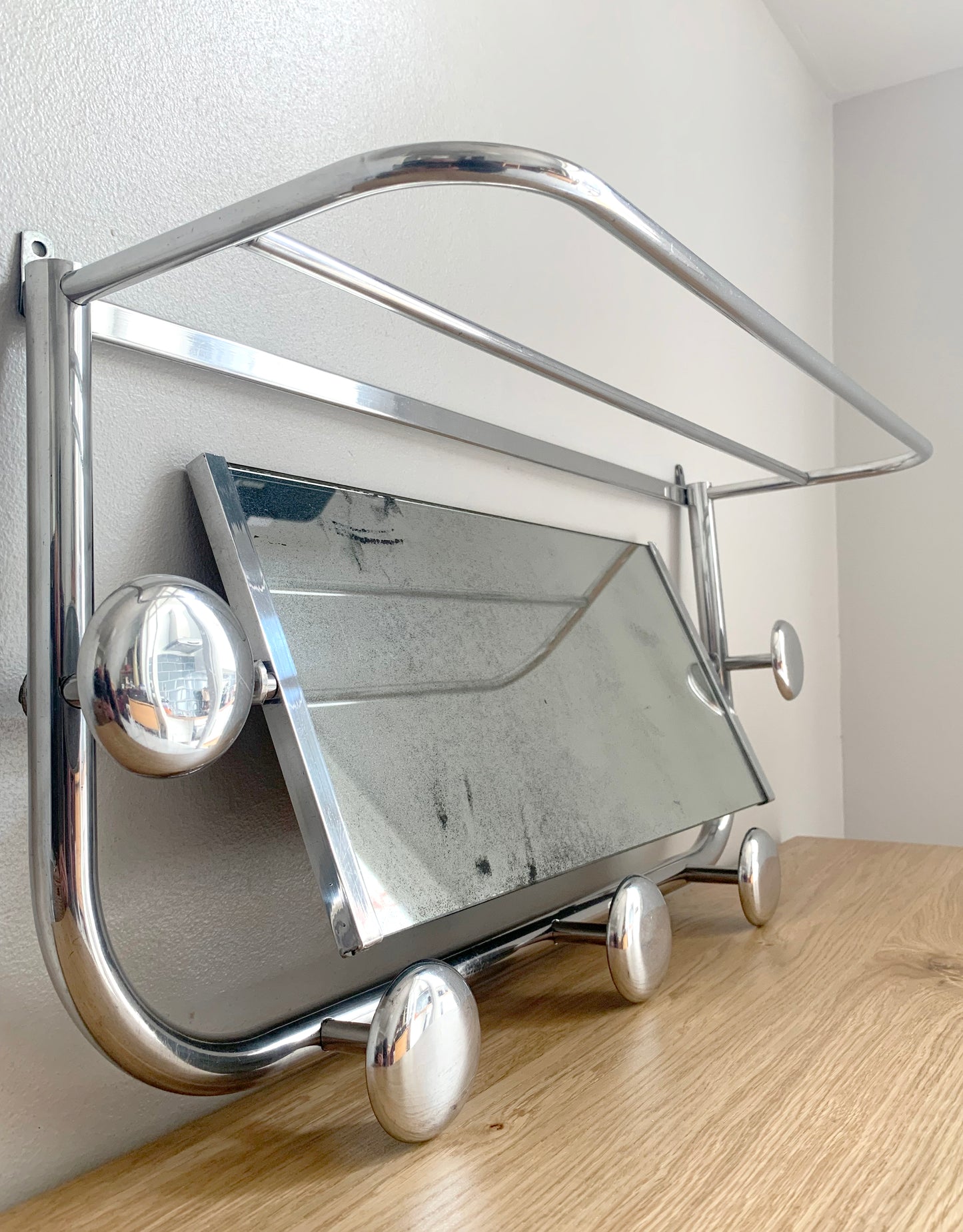 Beautiful French / Art Deco Polished Aluminium Coat Rack with Mirror / 1940's