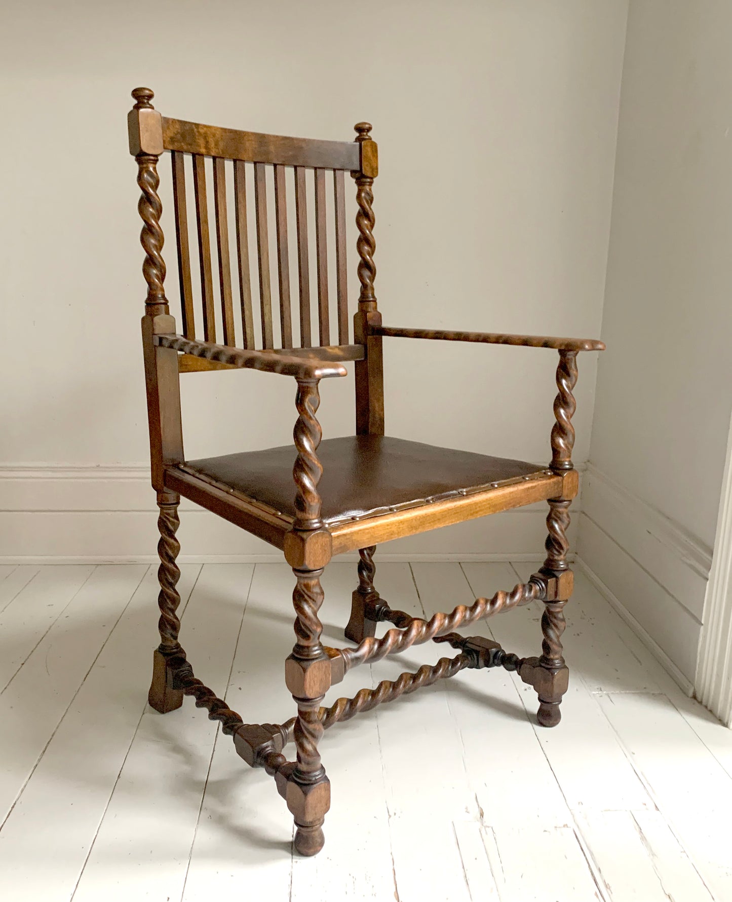 Antique 19th Century Arts & Craft Barley Twist, With Leather Seat, Carver Chair